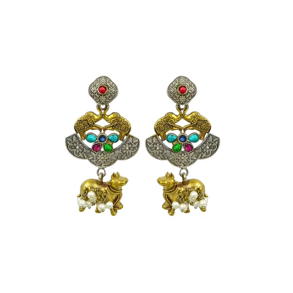 Dual_Tone_Antique_style_German_Silver_Earrings_with_Navratna_Stone_for_Women_&_Girls