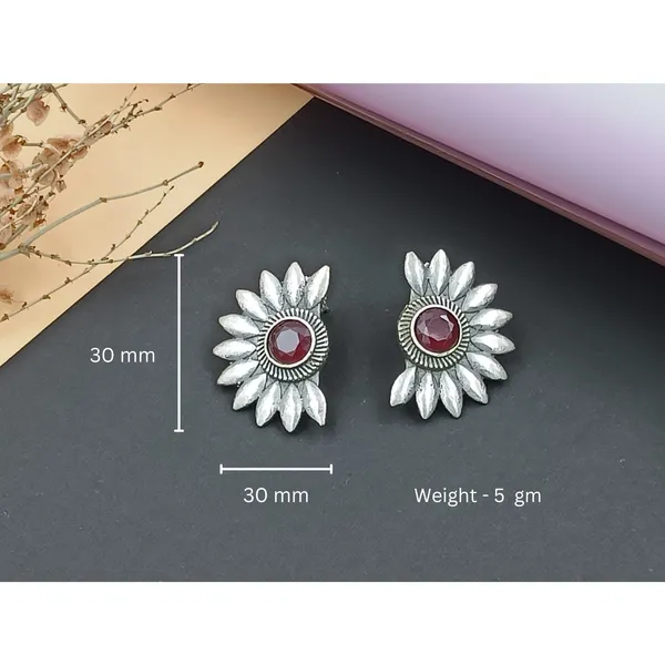 Half_Cicle_Floral_Design_Oxidised_Stud_Stylish_&_Fashionable_Earing_Studded_With_Red_Stone_For_Women_&_Girls