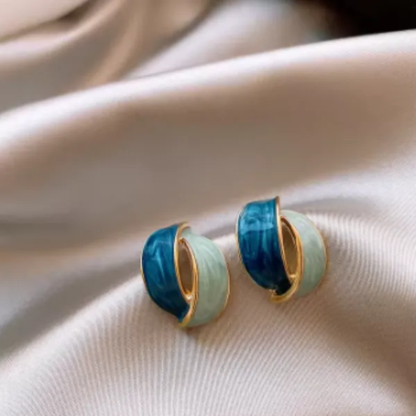 Teel_Green_Geometric_Arc_Oil_Drop_Enameled_Geometric_Shape_Retro_Blue_Stud