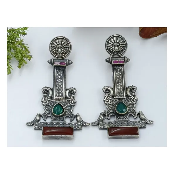 Red_Tribal_Style_Peacock_Motif_Oxidised_Long_Light_Weight_Earrings_For_Women_&_Girls._Traditional_Earrings_Stylish_Earrings_For_New_Trend