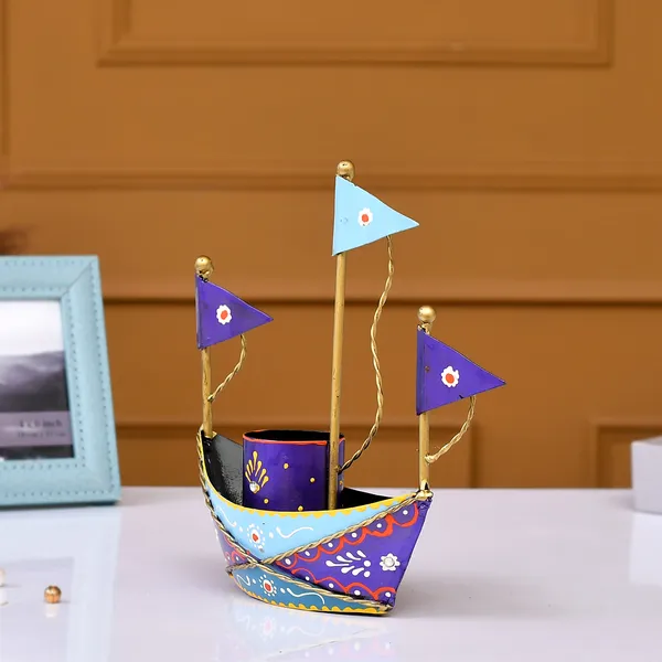 Blue_Metal_Blue_Boat_Pen_Stand_|_For_Decorative_Products
