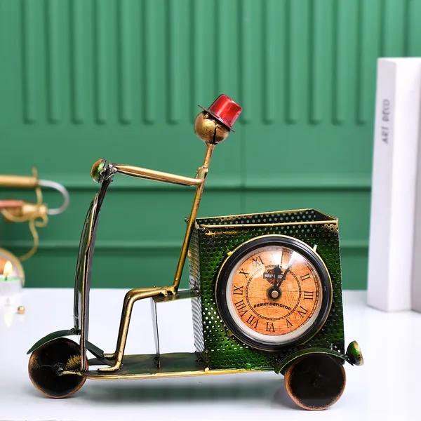 Green_Metal_Scooter_Pen_Stand_With_Clock_|_For_Decorative_Products