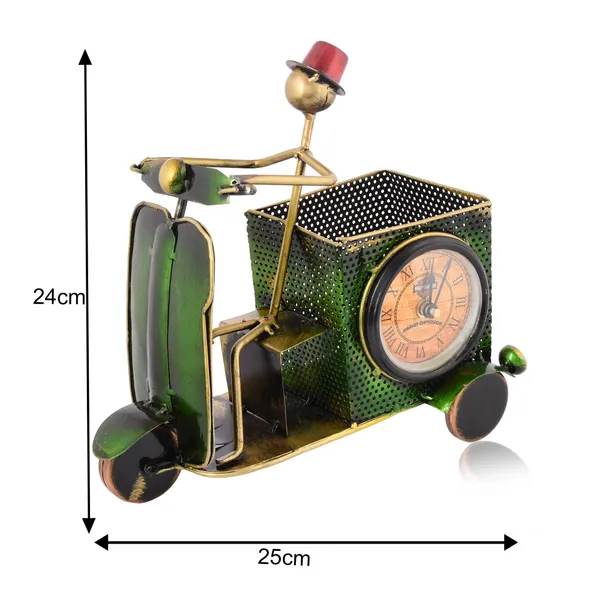 Green_Metal_Scooter_Pen_Stand_With_Clock_|_For_Decorative_Products