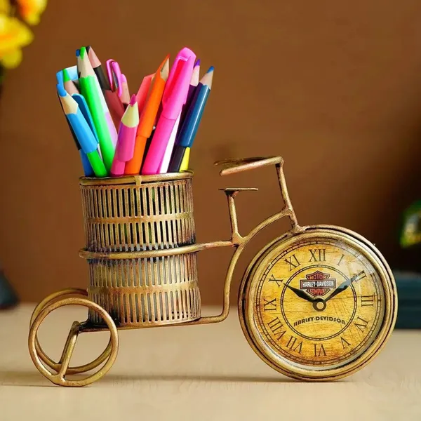 Brown_Metal_Cycle_Pen_Stand_With_Clock_|_For_Decorative_Products