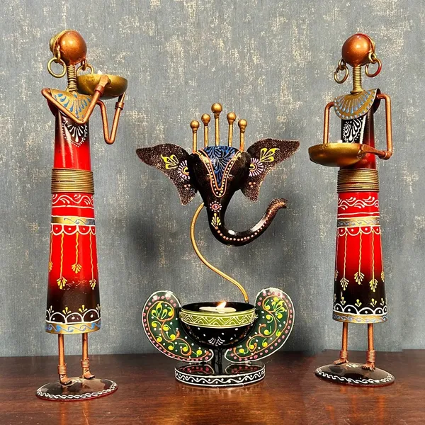 Ganesha_T_light_Combo_Holder_|_Iron_Tribal_Lady_Showpieces_|_For_Devotion