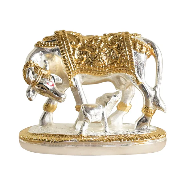 Silver_Metal_Cow_Calf_With_Platted_Meena_Work_|_For_Decorative_Products