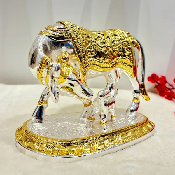 Silver_Metal_Cow_Calf_With_Platted_Meena_Work_|_For_Decorative_Products
