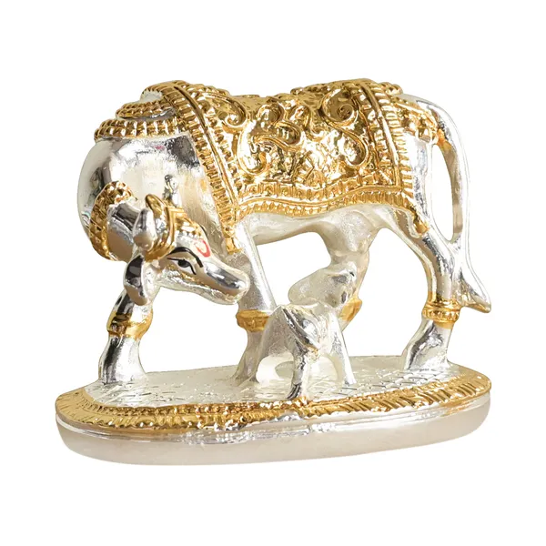 Silver_Metal_Cow_Calf_With_Platted_Meena_Work_|_For_Decorative_Products