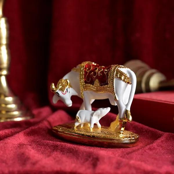 White_And_Red_Metal_Cow_Calf_With_Meena_Work_|_For_Decorative_Products