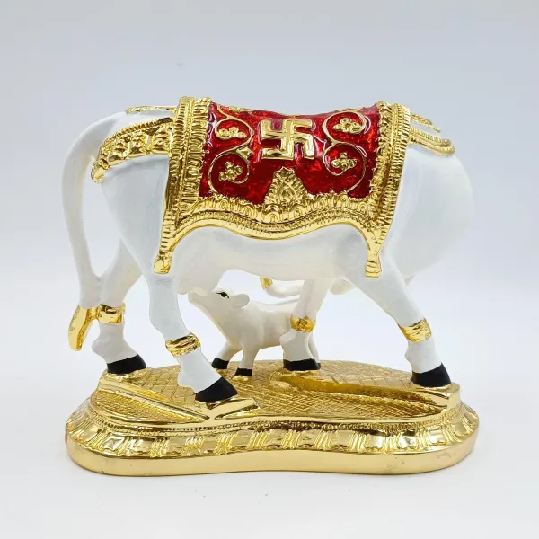 White_And_Red_Metal_Cow_Calf_With_Meena_Work_|_For_Decorative_Products