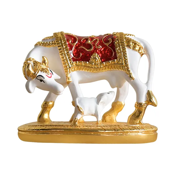 White_And_Red_Metal_Cow_Calf_With_Meena_Work_|_For_Decorative_Products