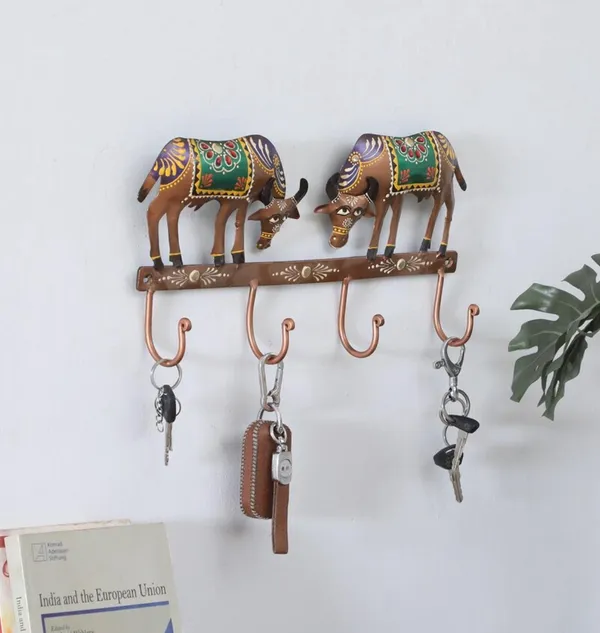Rajasthani_Ethnic/Vintagecow_Key_Hanger_with_Fine_Painting_Wall_Art_Handcrafted_Powder_Coated_Iron_Wall_Hanging_Decorative_Wall_Arts