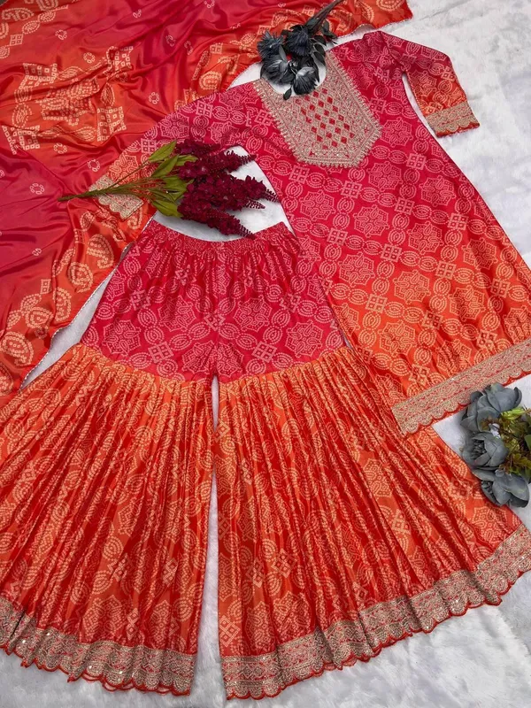 Orange_Mix_Pink__Trendy_Sharara_Set_With_Heavy_Embroidery_For_Women