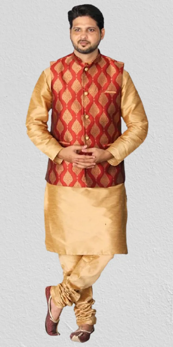 Brown__&__Red_Dupion_Silk_Casual_Kurta_Pajama_&_Jacket_For_Men