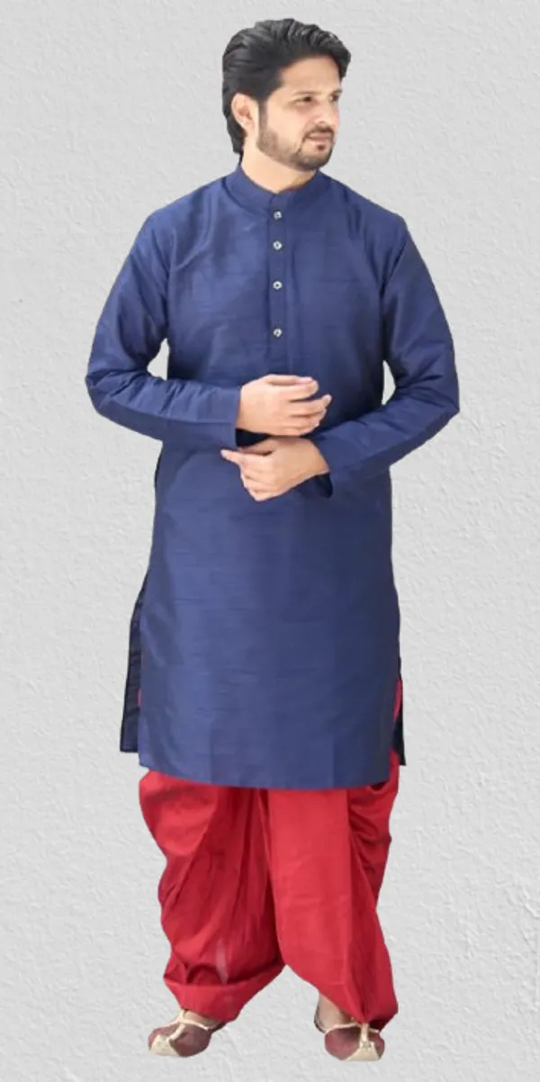Navy_Blue__&__Red_Dupion_Silk_Casual_Dhoti_Kurta_Set_For_Men