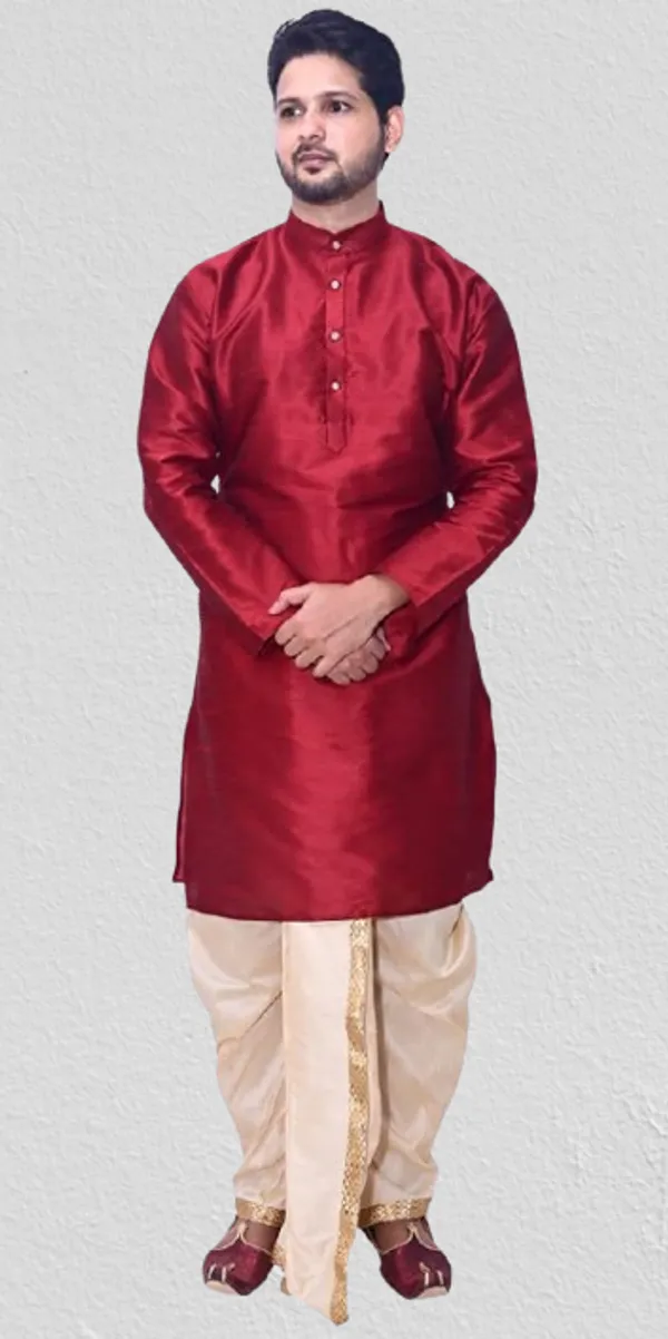 Dupion_Silk_Fancy_Red_Kurta__Golden_Dhoti_Set_For_Men