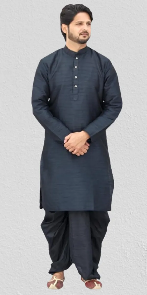 Black_Dupion_Silk_Casual_Dhoti_Kurta_Set_For_Men