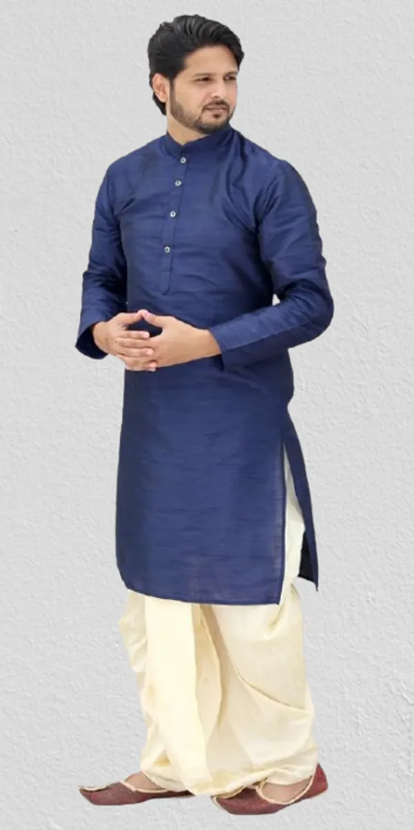 Navy_Blue__&__Golden_Dupion_Silk_Casual_Dhoti_Kurta_Set_For_Men