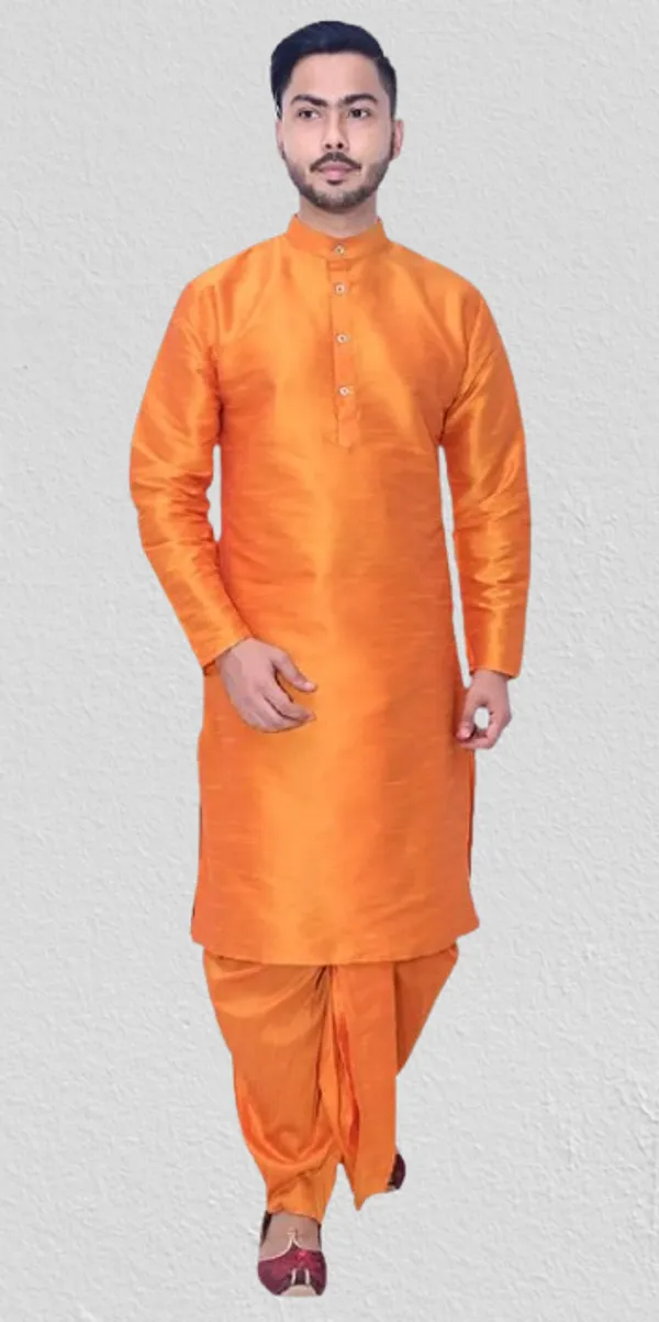 Dark_Orange_Dupion_Silk_Casual_Dhoti_Kurta_Set_For_Men