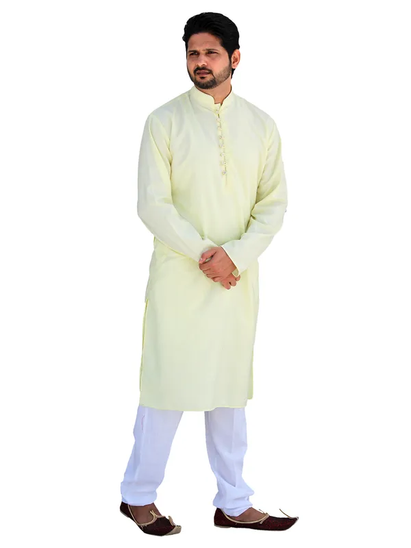 Buy_Men's_Fancy_Yellow_Cotton_Kurta_White_Pant_Pajama_Set_Online