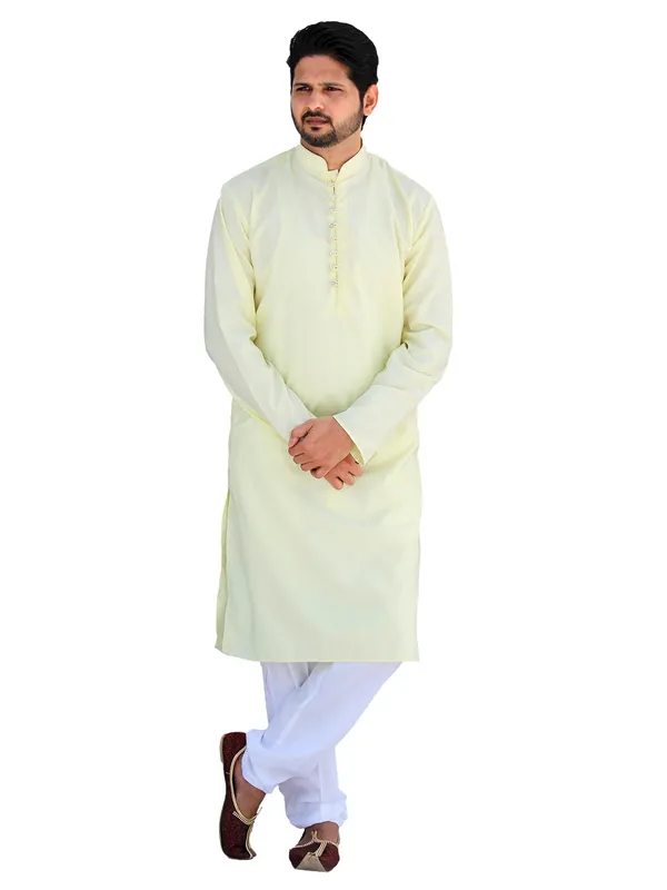 Buy_Men's_Fancy_Yellow_Cotton_Kurta_White_Pant_Pajama_Set_Online