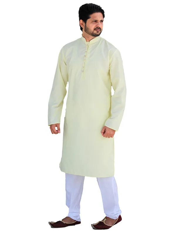 Buy_Men's_Fancy_Yellow_Cotton_Kurta_White_Pant_Pajama_Set_Online
