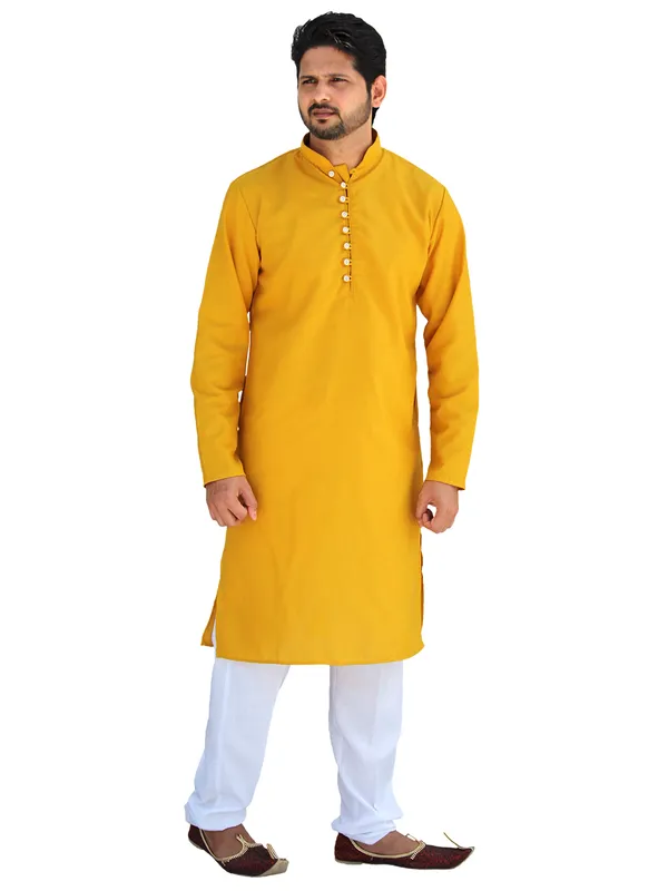 Buy_Men's_Fancy_Mustard_Yellow_Cotton_Kurta_White_Pant_Pajama_Set_Online