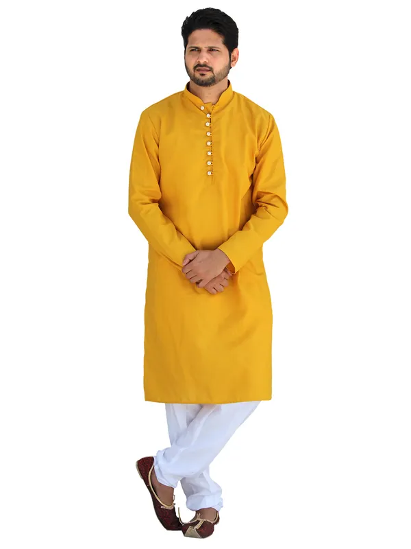 Buy_Men's_Fancy_Mustard_Yellow_Cotton_Kurta_White_Pant_Pajama_Set_Online
