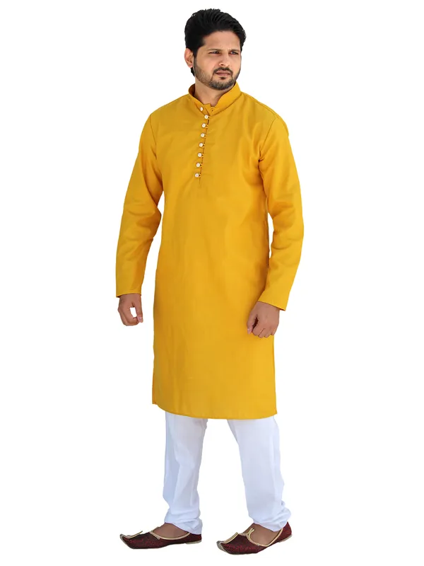 Buy_Men's_Fancy_Mustard_Yellow_Cotton_Kurta_White_Pant_Pajama_Set_Online