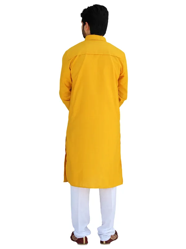 Buy_Men's_Fancy_Mustard_Yellow_Cotton_Kurta_White_Pant_Pajama_Set_Online