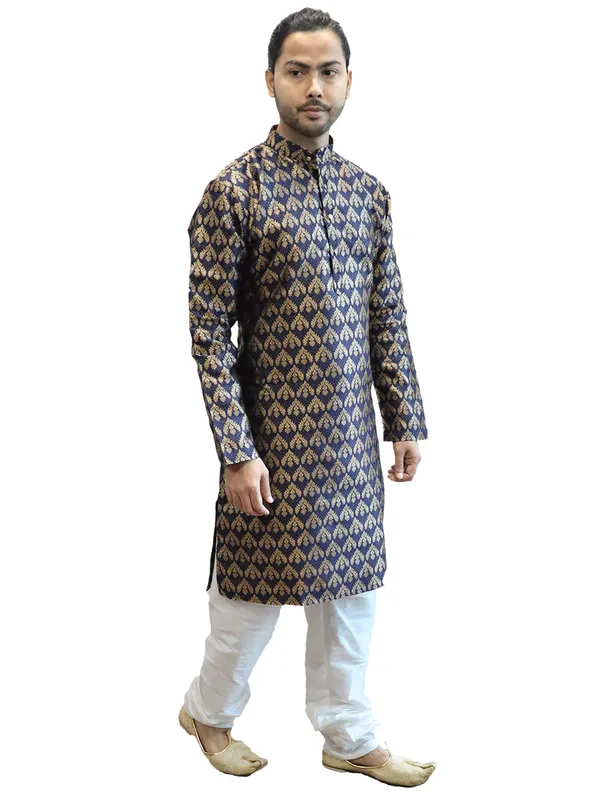 Men's_Cotton_Jacquard_Brocade_Navy_Blue_Kurta_White_Churidar_Pajama_Set