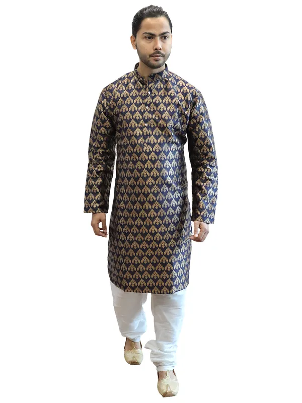 Men's_Cotton_Jacquard_Brocade_Navy_Blue_Kurta_White_Churidar_Pajama_Set