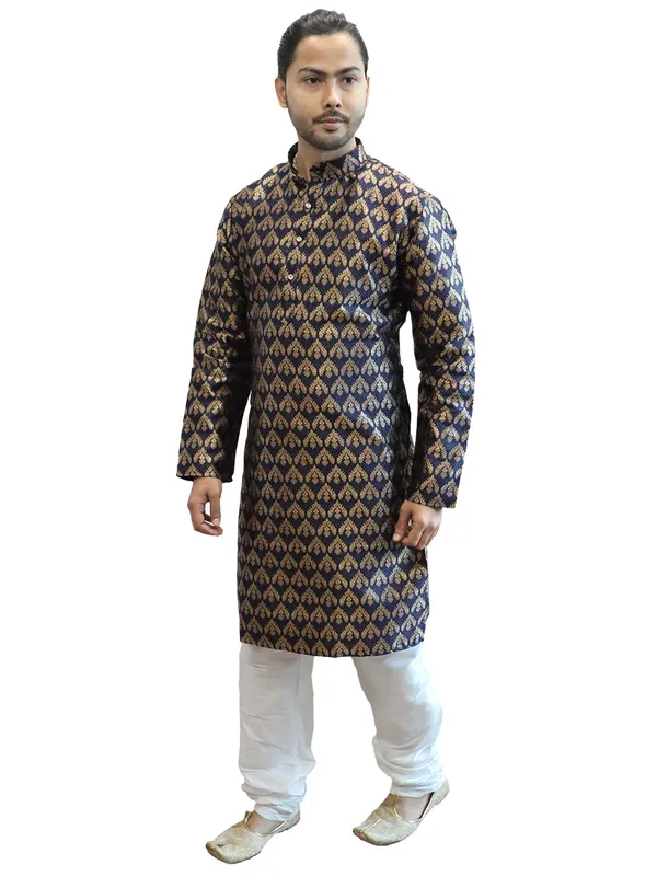 Men's_Cotton_Jacquard_Brocade_Navy_Blue_Kurta_White_Churidar_Pajama_Set