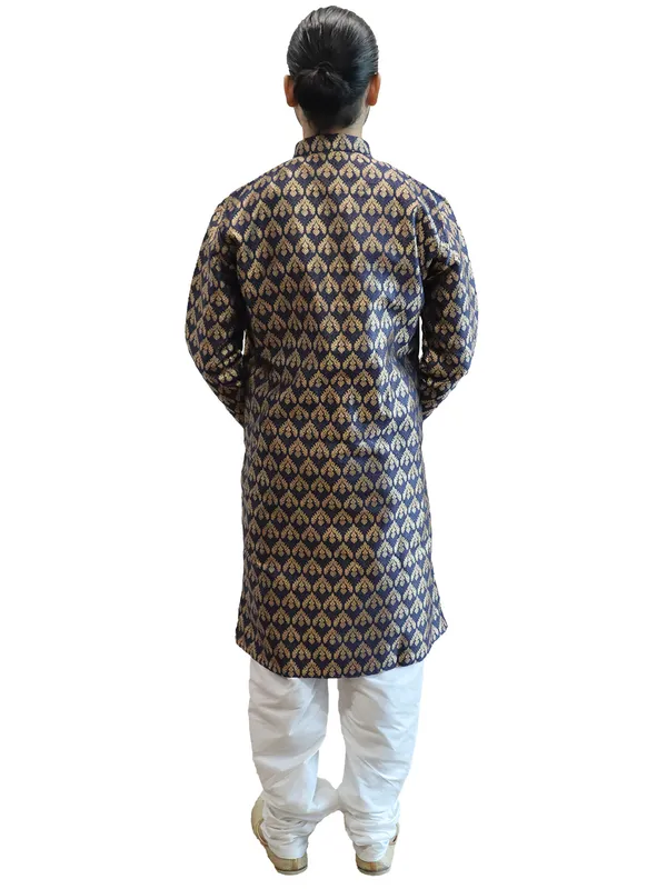 Men's_Cotton_Jacquard_Brocade_Navy_Blue_Kurta_White_Churidar_Pajama_Set