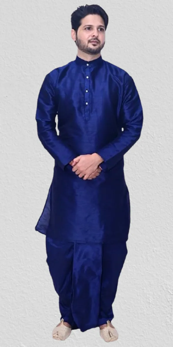 Navy_Blue_Dupion_Silk_Casual_Dhoti_Kurta_Set_For_Men