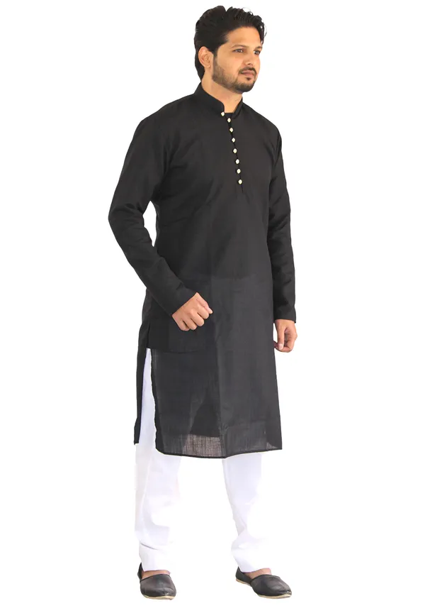 Buy_Men's_Fancy_Black_Cotton_Kurta_White_Pant_Pajama_Set_Online