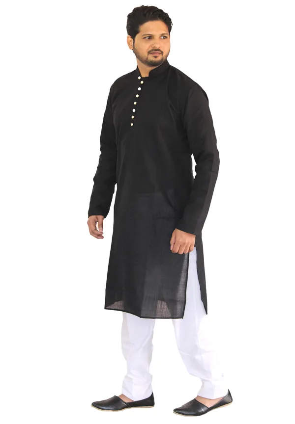 Buy_Men's_Fancy_Black_Cotton_Kurta_White_Pant_Pajama_Set_Online