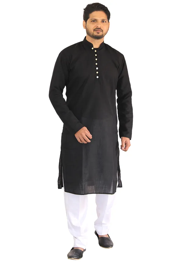 Buy_Men's_Fancy_Black_Cotton_Kurta_White_Pant_Pajama_Set_Online