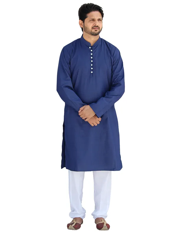 Buy_Men's_Fancy_Navy_Blue_Cotton_Kurta_White_Pant_Pajama_Set_Online