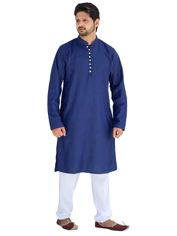 Buy_Men's_Fancy_Navy_Blue_Cotton_Kurta_White_Pant_Pajama_Set_Online
