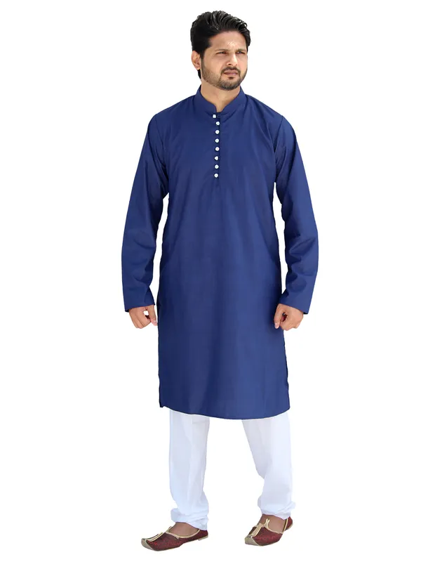 Buy_Men's_Fancy_Navy_Blue_Cotton_Kurta_White_Pant_Pajama_Set_Online
