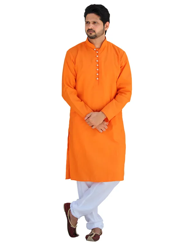 Buy_Men's_Fancy_Orange_Cotton_Kurta_White_Pant_Pajama_Set_Online