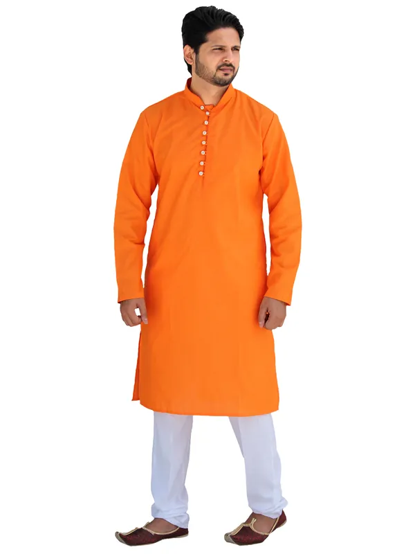 Buy_Men's_Fancy_Orange_Cotton_Kurta_White_Pant_Pajama_Set_Online
