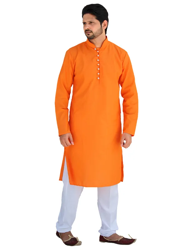 Buy_Men's_Fancy_Orange_Cotton_Kurta_White_Pant_Pajama_Set_Online