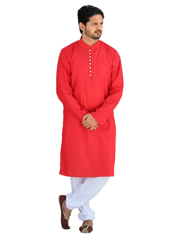 Buy_Men's_Fancy_Red_Cotton_Kurta_White_Pant_Pajama_Set_Online