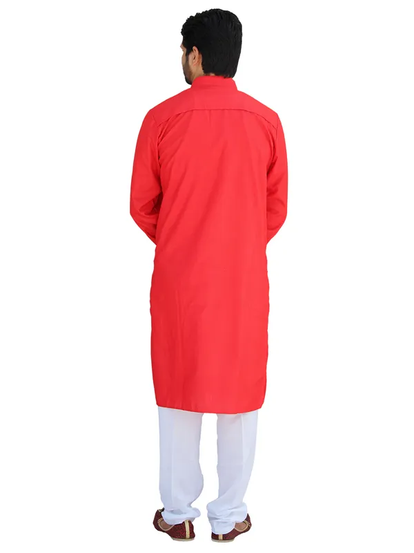 Buy_Men's_Fancy_Red_Cotton_Kurta_White_Pant_Pajama_Set_Online
