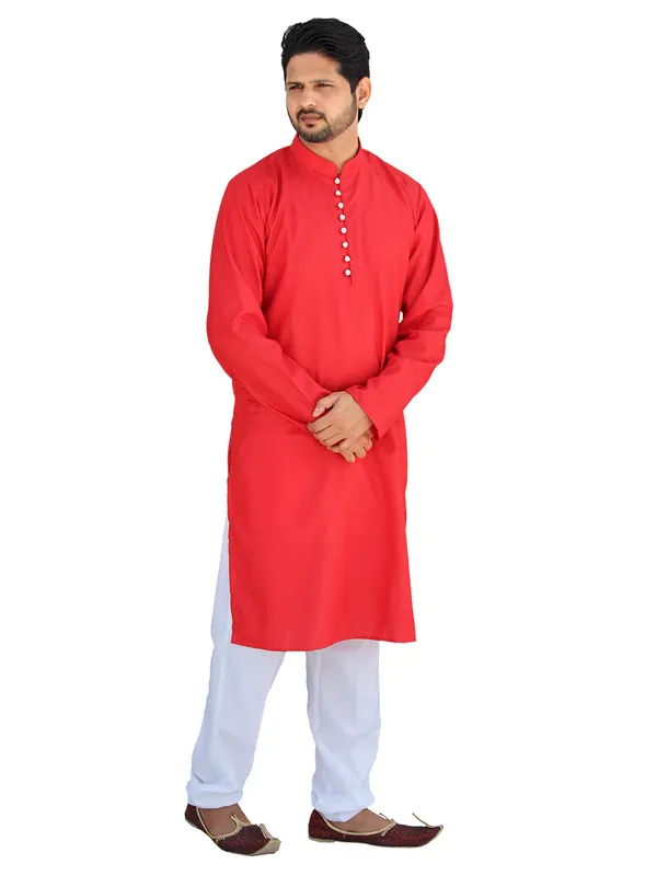 Buy_Men's_Fancy_Red_Cotton_Kurta_White_Pant_Pajama_Set_Online