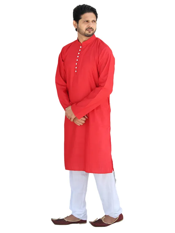 Buy_Men's_Fancy_Red_Cotton_Kurta_White_Pant_Pajama_Set_Online