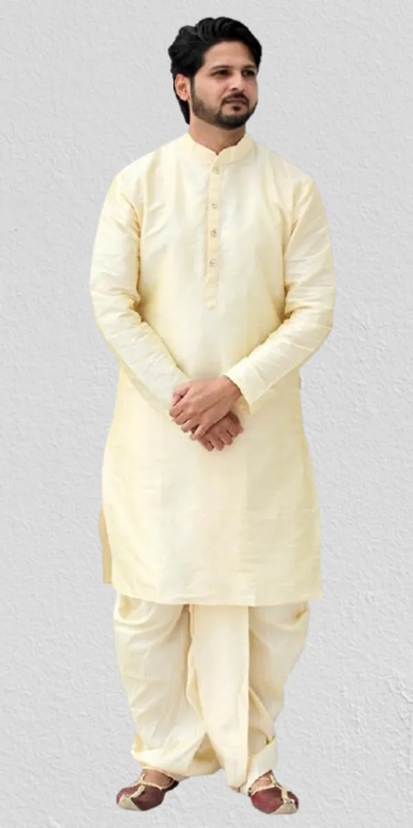 Golden_Dupion_Silk_Casual_Dhoti_Kurta_Set_For_Men