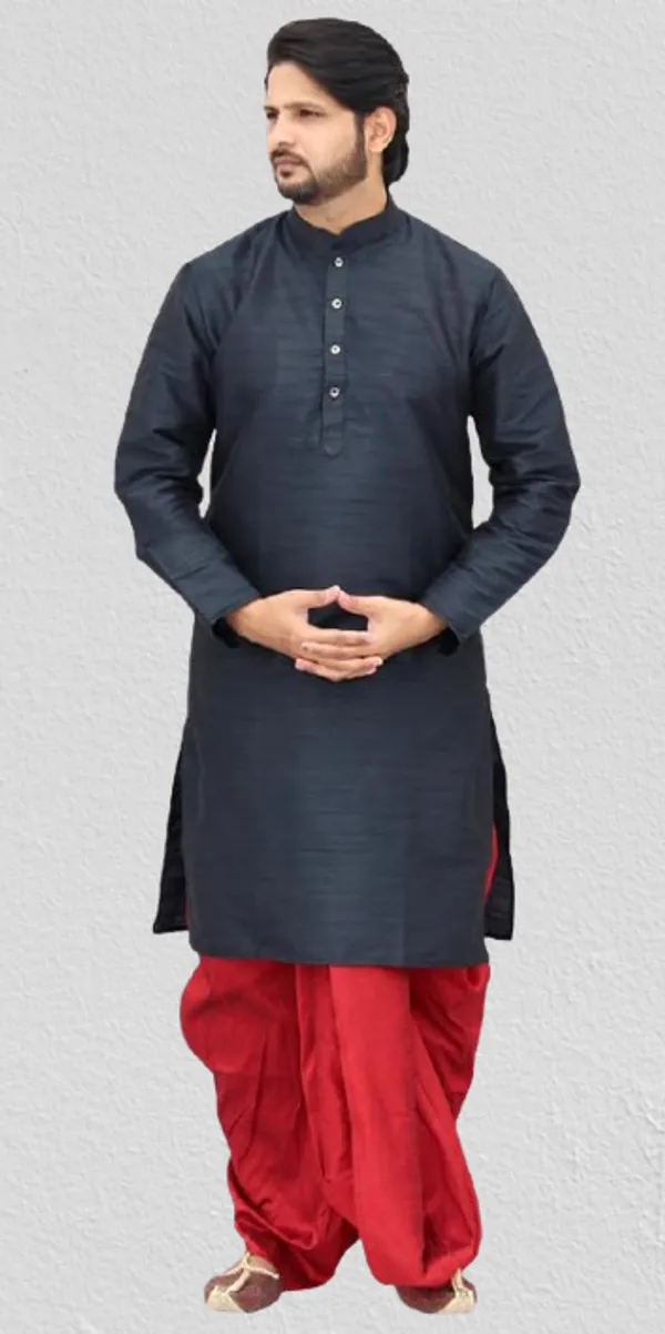 Black__&__Red_Dupion_Silk_Casual_Dhoti_Kurta_Set_For_Men